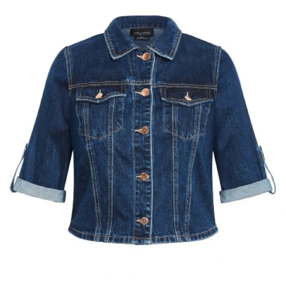 City Chic Denim Collared Crop Short Sleeve Jacket - dark denim Blue Jean Size 16 - Picture 9 of 11
